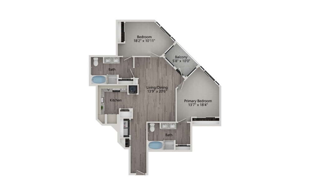 B4 - 2 bedroom floorplan layout with 2 baths and 1230 square feet.